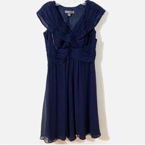 Donna Ricco Silk Midi Dress Sheer Overlay Draped Front Gathered Collar Bodice 💙